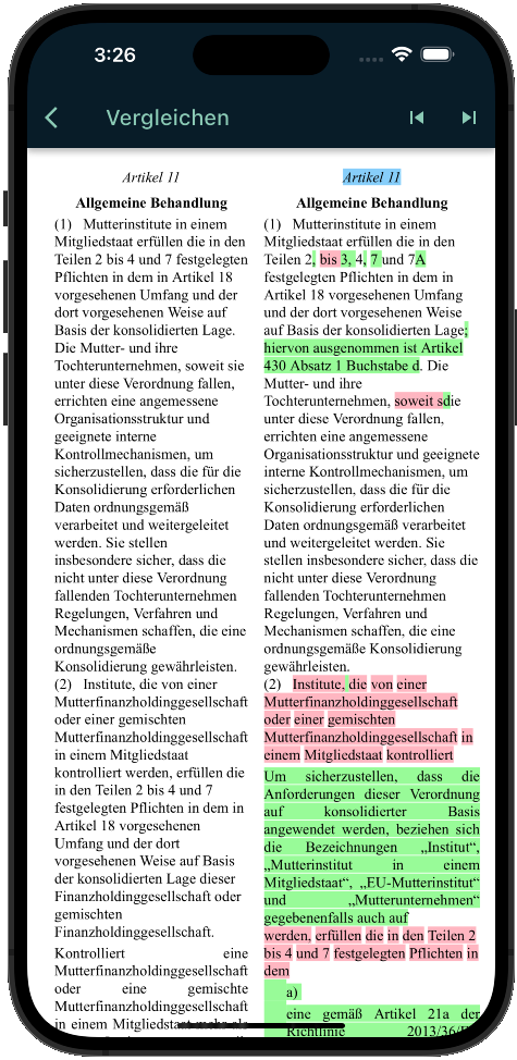 CRR App – Versionsvergleich mit farblicher Hervorhebung