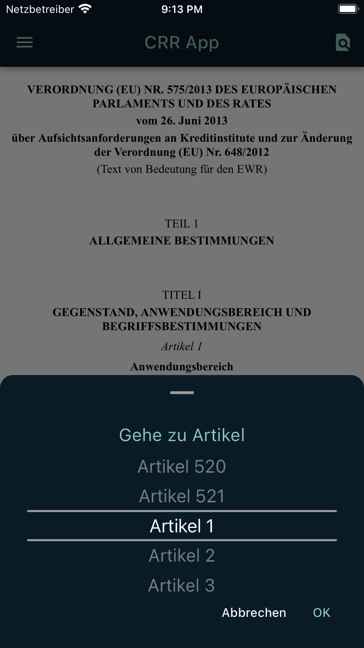 CRR App Artikelauswahl